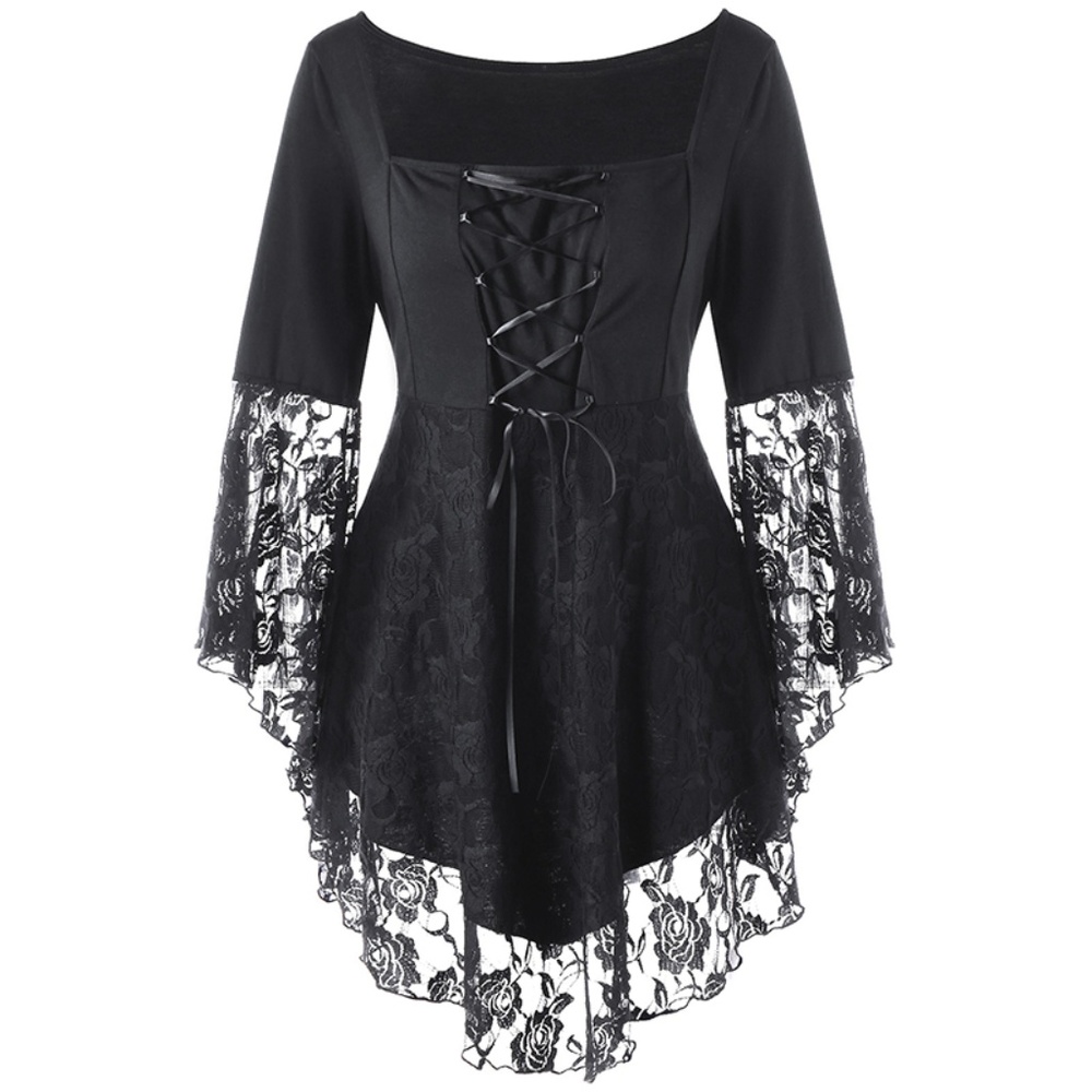 Plus Size Gothic Romantic Lace Hem Top - Black